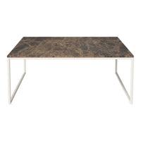Brown marble tabletop with natural veining, complemented by a sleek white metal frame. Ideal for modern decor.