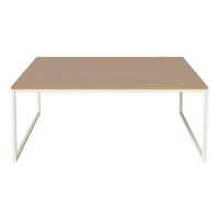 "Minimalist rectangle table with a light brown wood top and white metal legs."