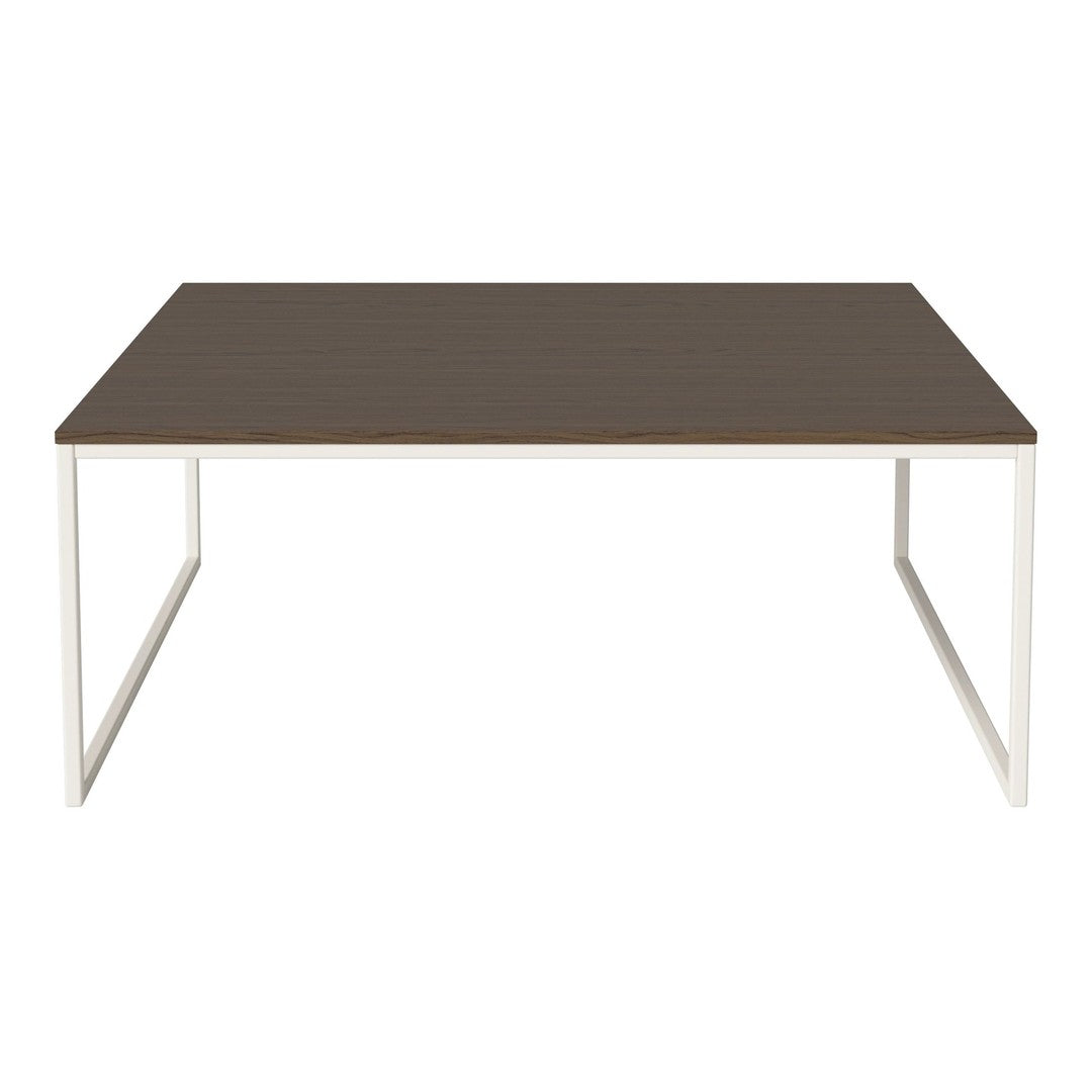 Brown tabletop with a smooth finish, supported by a sleek white metal frame. Modern and minimalistic design.