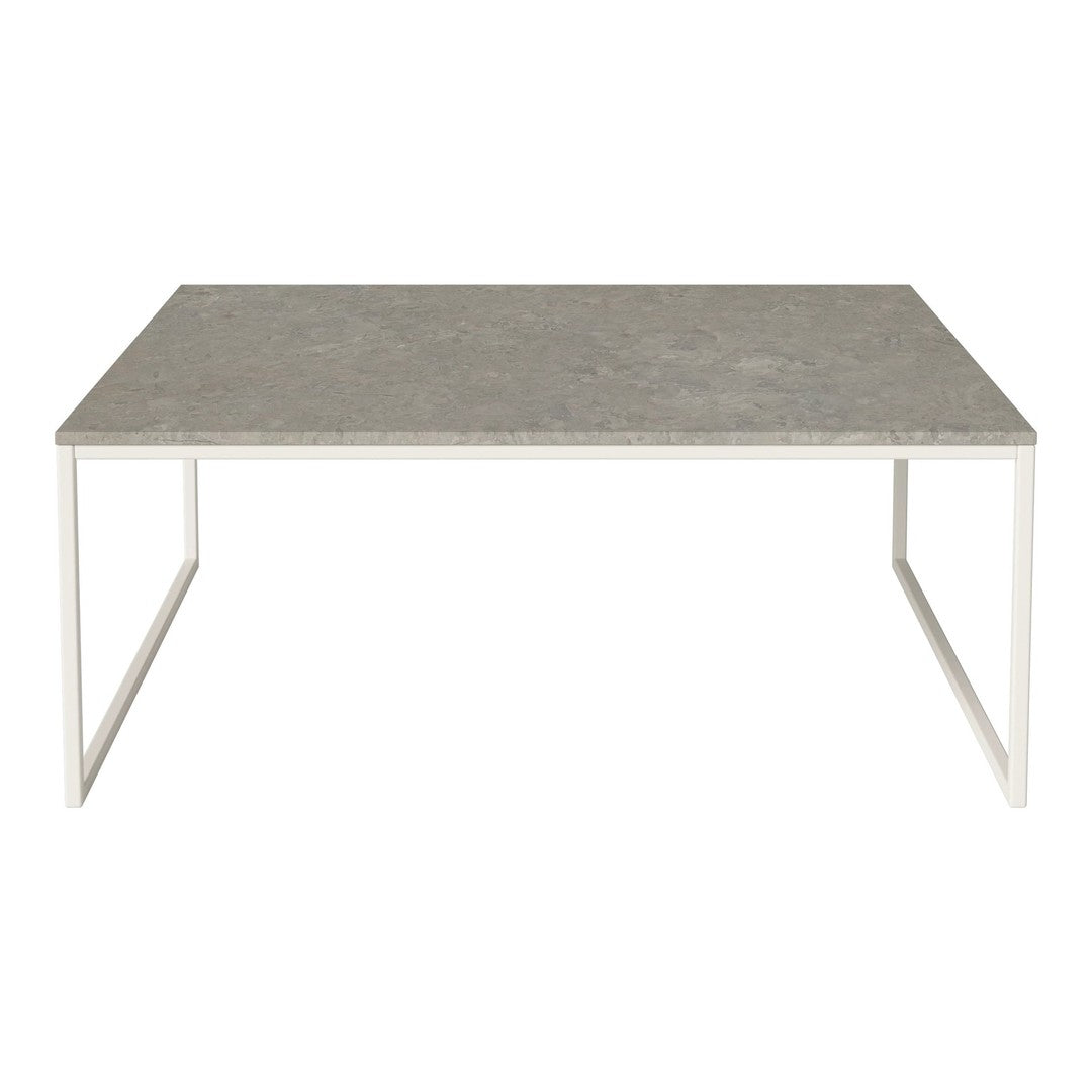 Gray decorative table with a subtle patterned top and white metal legs, ideal for modern interiors.