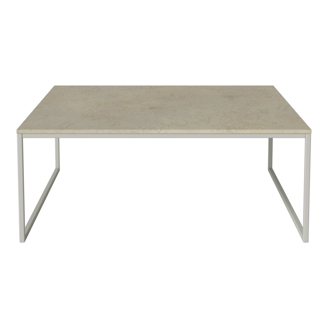 Neutral beige tabletop with a smooth texture, paired with a sleek silver metal frame. Minimalist design for modern decor.