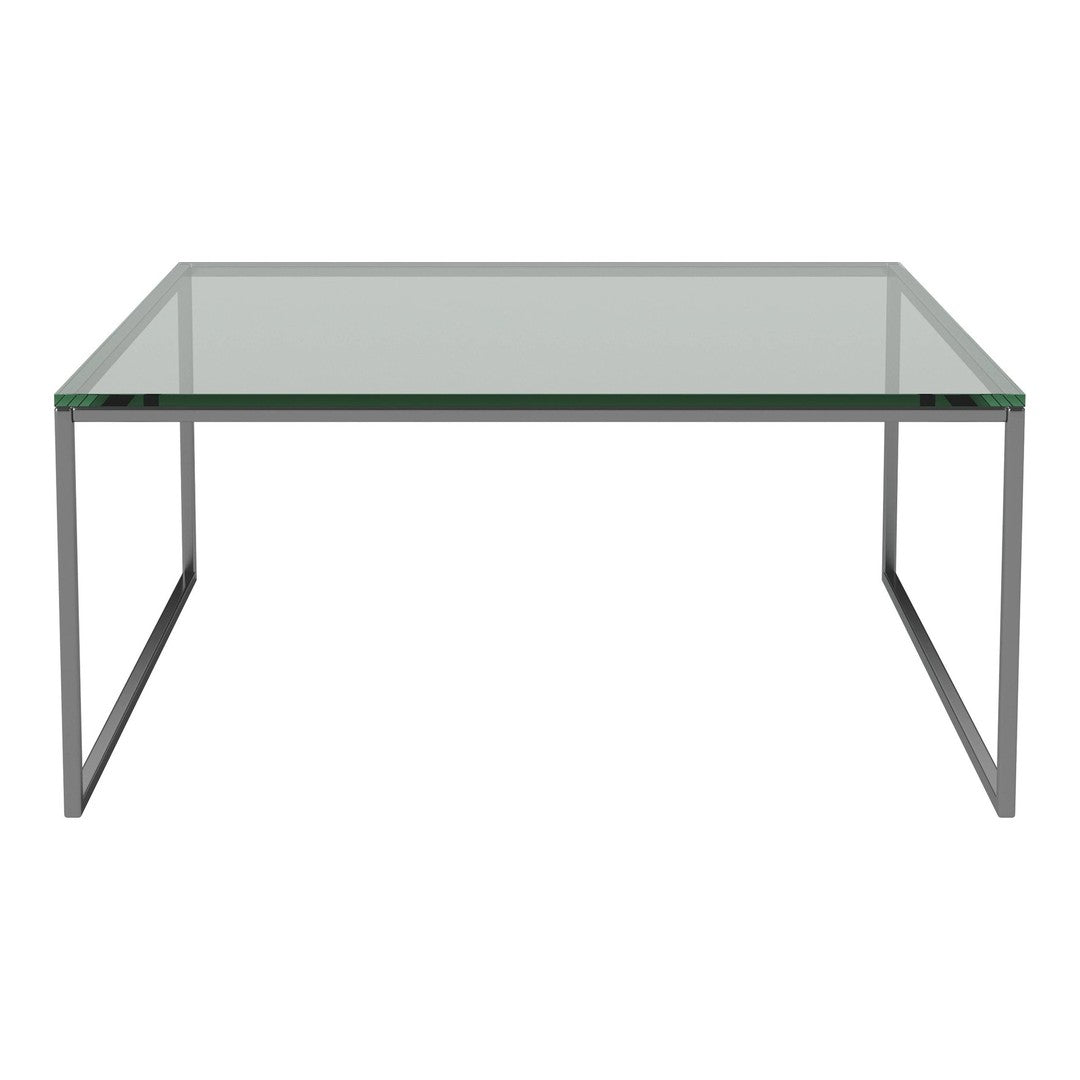 "Modern glass tabletop coffee table with sleek silver metal frame, featuring a minimalist design and clear surfaces."