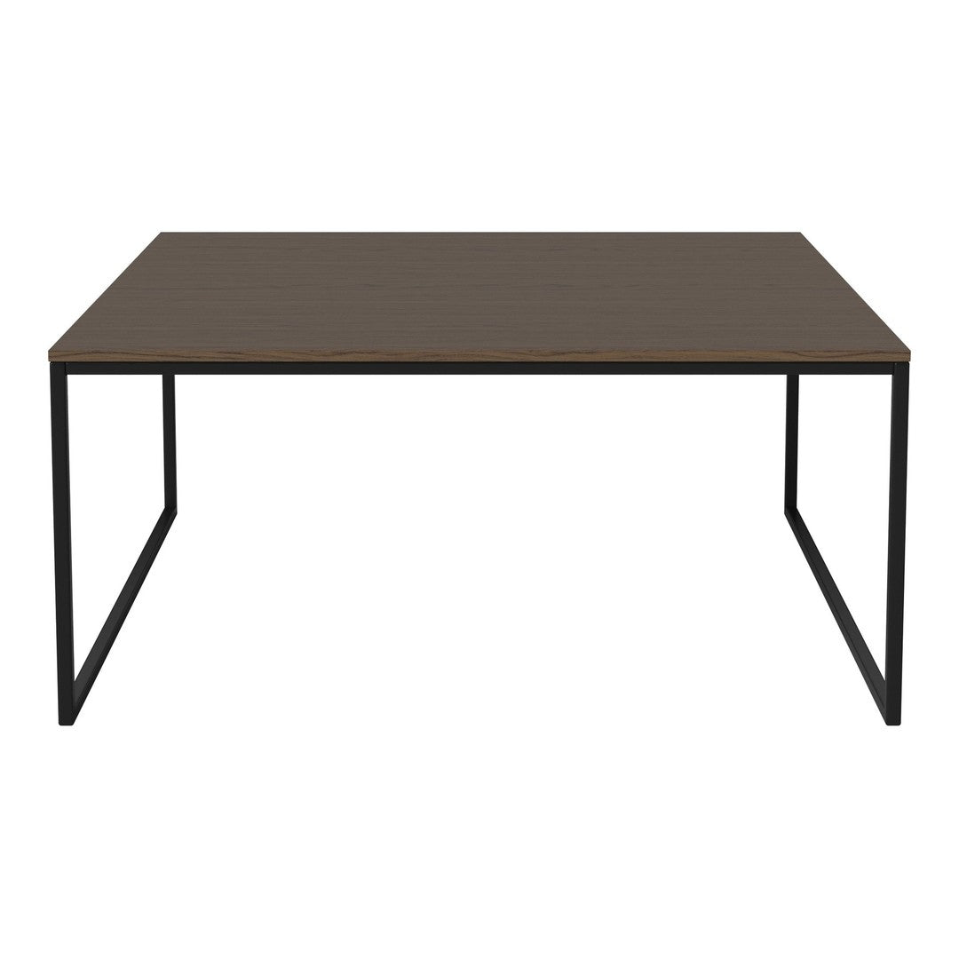 Brown rectangular table with a sleek black metal frame. Modern design with a minimalist aesthetic.