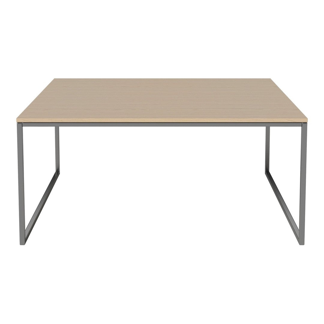Light wood tabletop with a smooth finish, featuring sleek metallic gray legs for a modern look. Ideal for minimalistic decor.