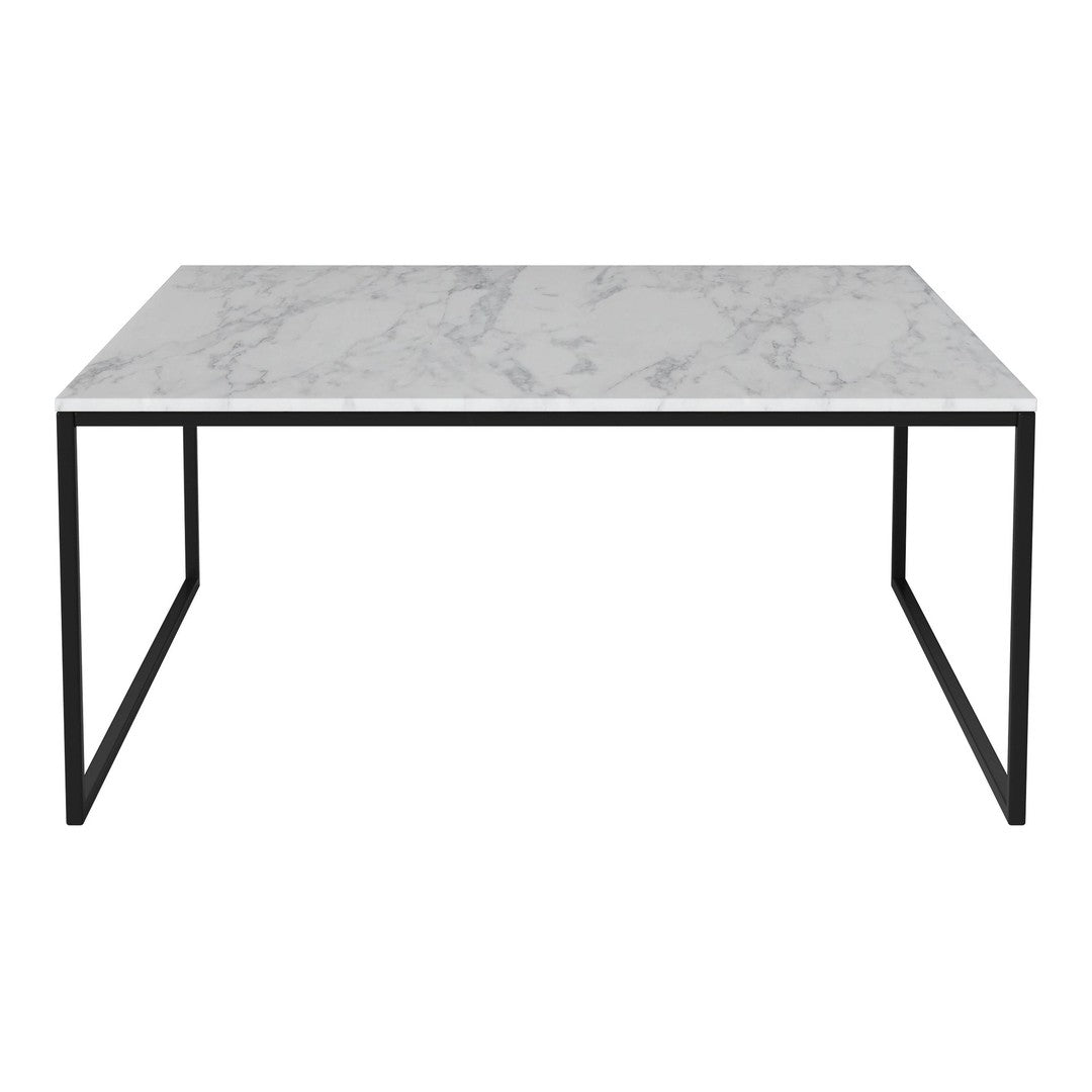Gray marble tabletop with subtle veining, paired with a sleek black metal frame. Modern and sophisticated design.