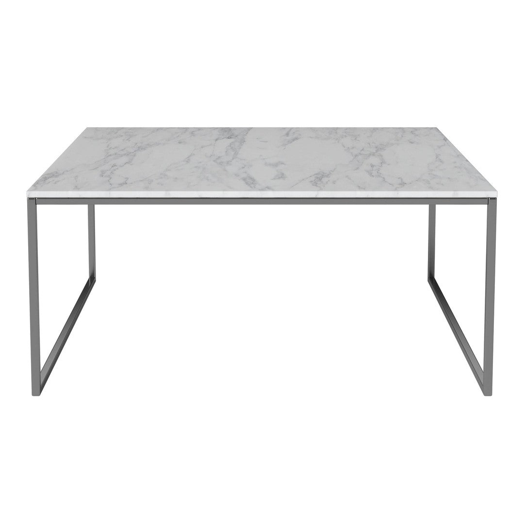 Rectangular dining table with a white marble top featuring elegant gray veining and a sleek silver metal frame.