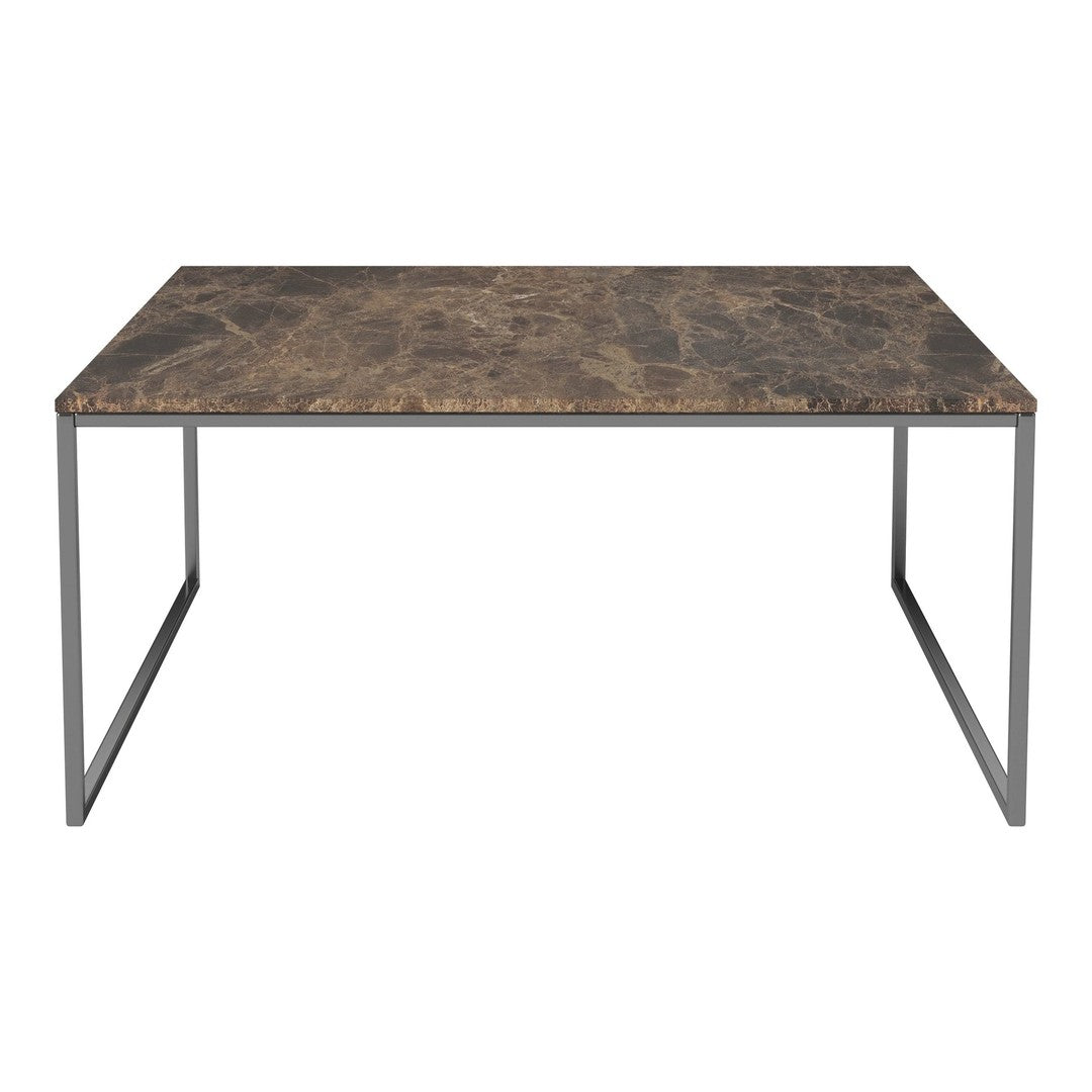 Marble-patterned tabletop in earthy tones with a sleek black metal frame. Elegant and modern design.