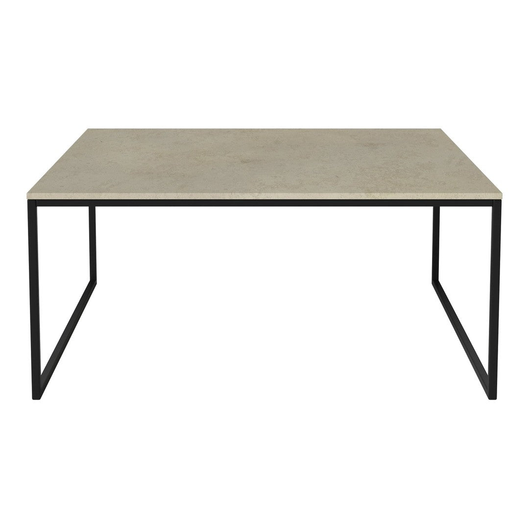 Rectangular tabletop in light beige with a smooth finish, set on sleek black metal legs. Modern minimalistic design.