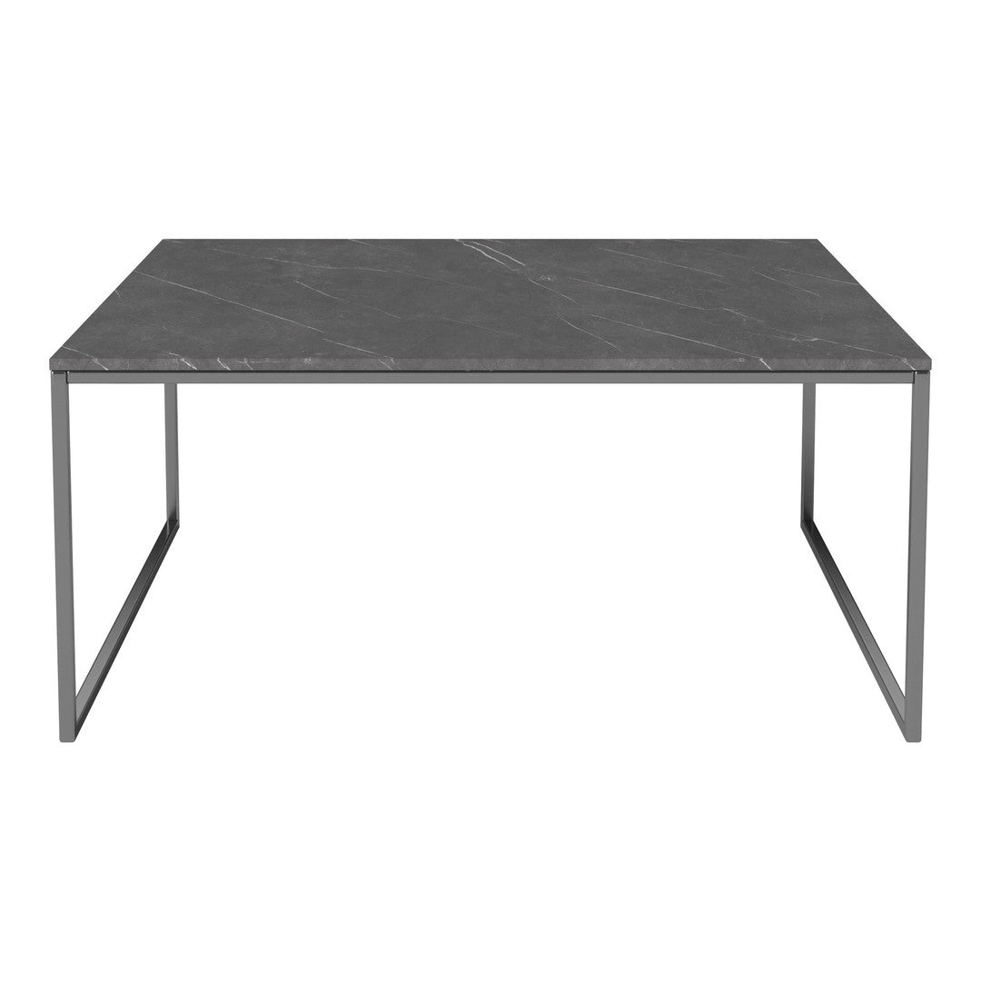 Gray marble tabletop with subtle white veining on a sleek metal frame. Modern and minimalistic design. Perfect for any decor.