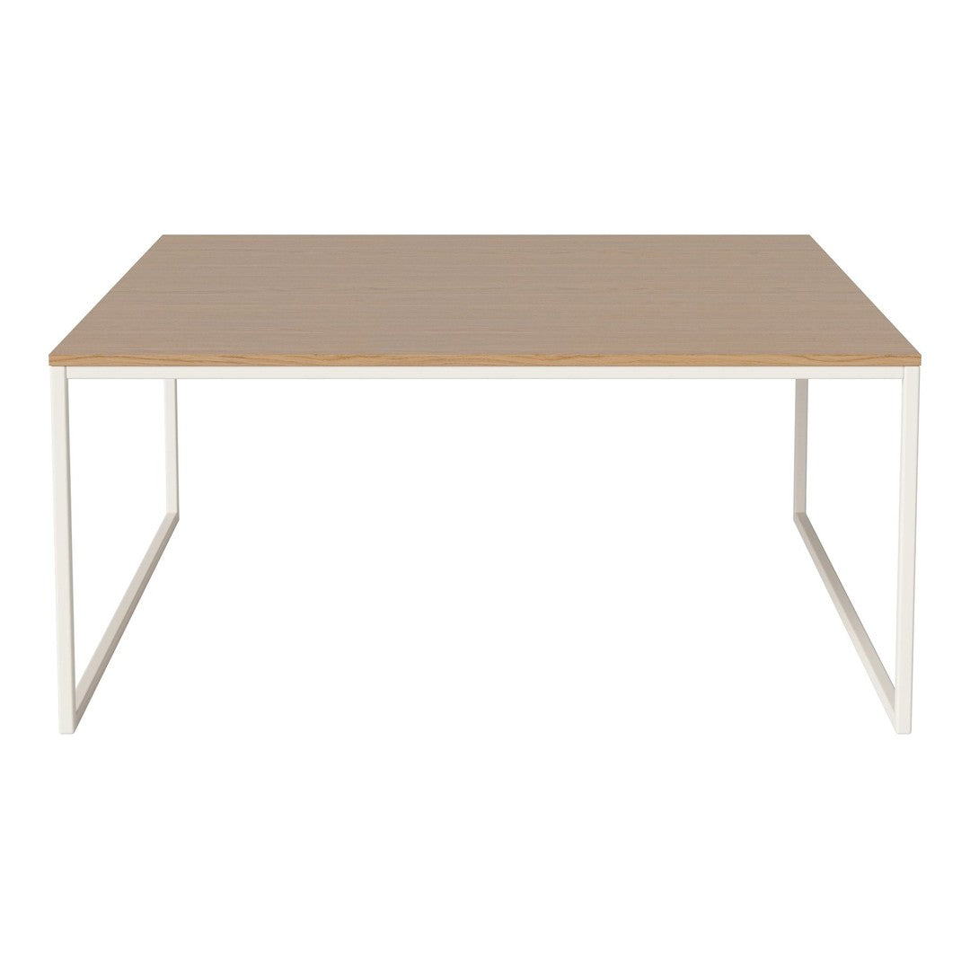 Modern rectangular table with a light wood top and white metal legs, featuring a clean and minimalist design.