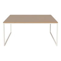 Modern rectangular table with a light wood top and white metal legs, featuring a clean and minimalist design.