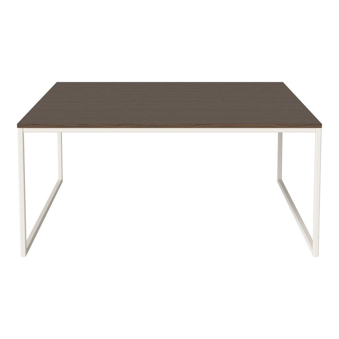 Brown rectangular tabletop with sleek white metal legs, creating a modern and minimalist design.