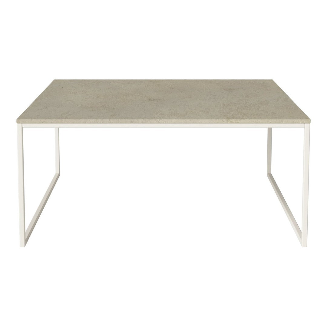 Modern rectangular dining table with a light beige top and sleek white metal legs. Minimalist design for versatile decor.