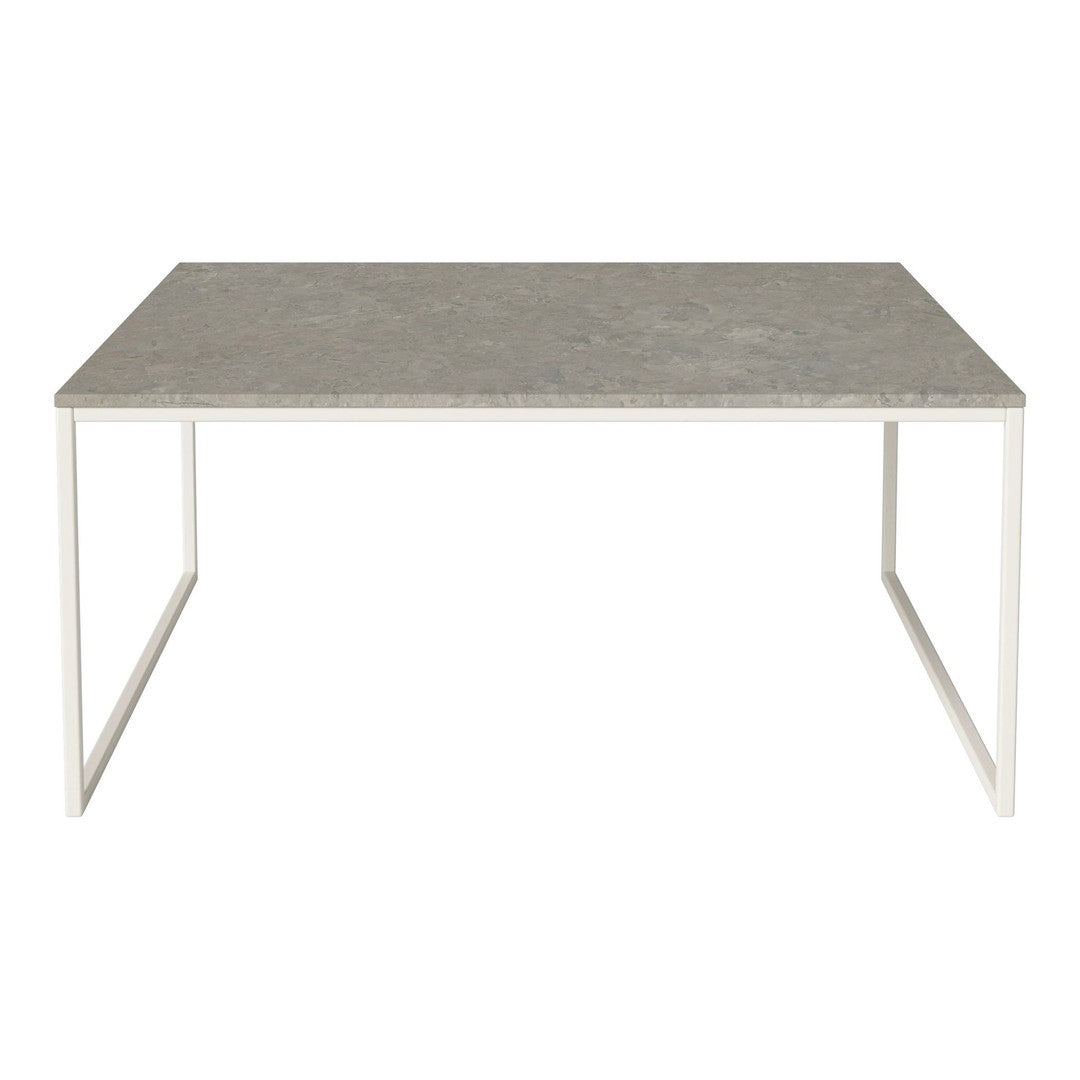 Gray textured tabletop with a smooth surface, supported by a minimalist white metal frame. Perfect for modern decor.
