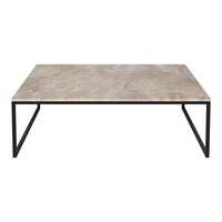 "Rectangular coffee table with a gray stone top and black metal legs, featuring a clean, modern design."