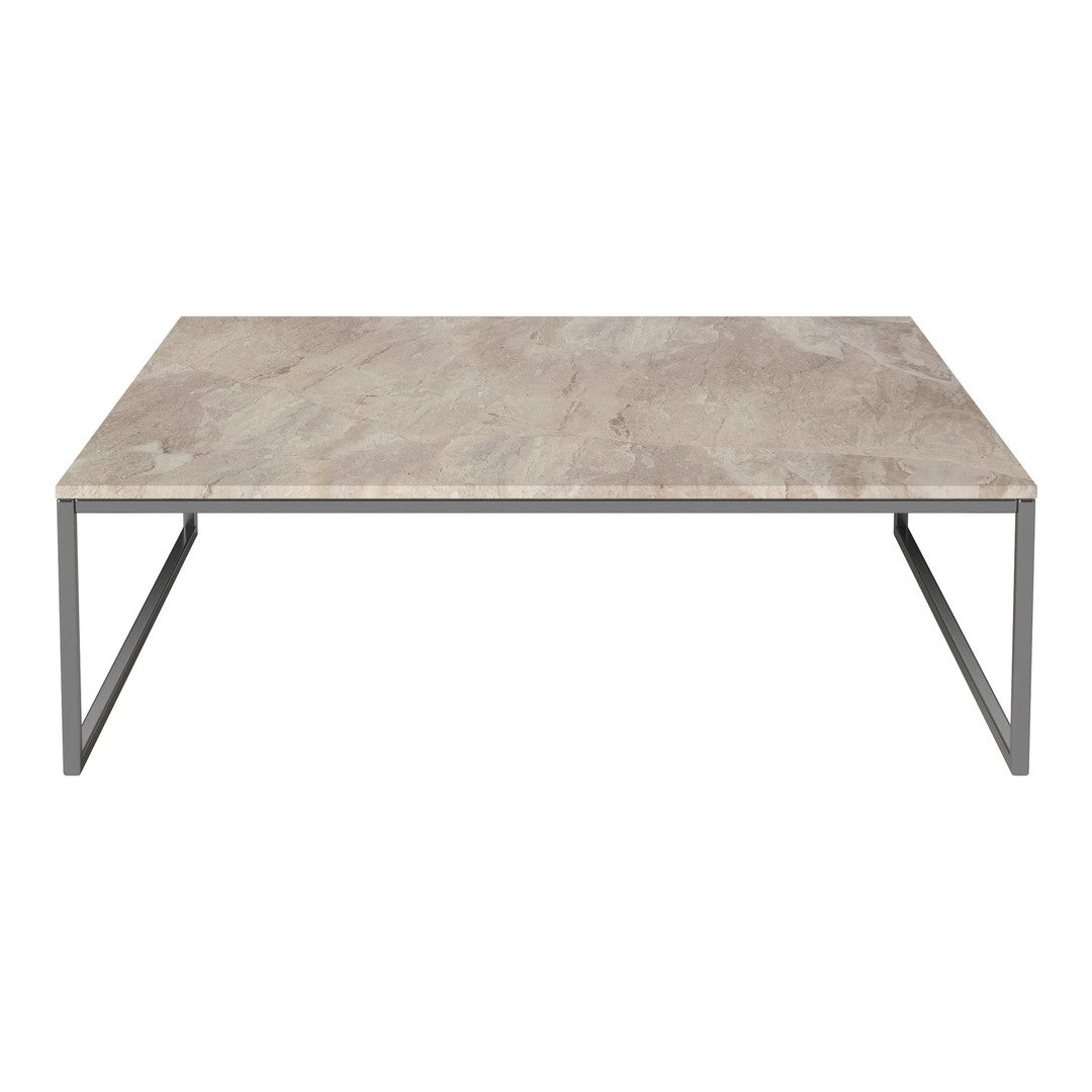 Gray marble tabletop with subtle veining, set on a sleek metal frame. Modern design for stylish decor.