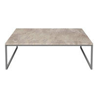 Gray marble tabletop with subtle veining, set on a sleek metal frame. Modern design for stylish decor.