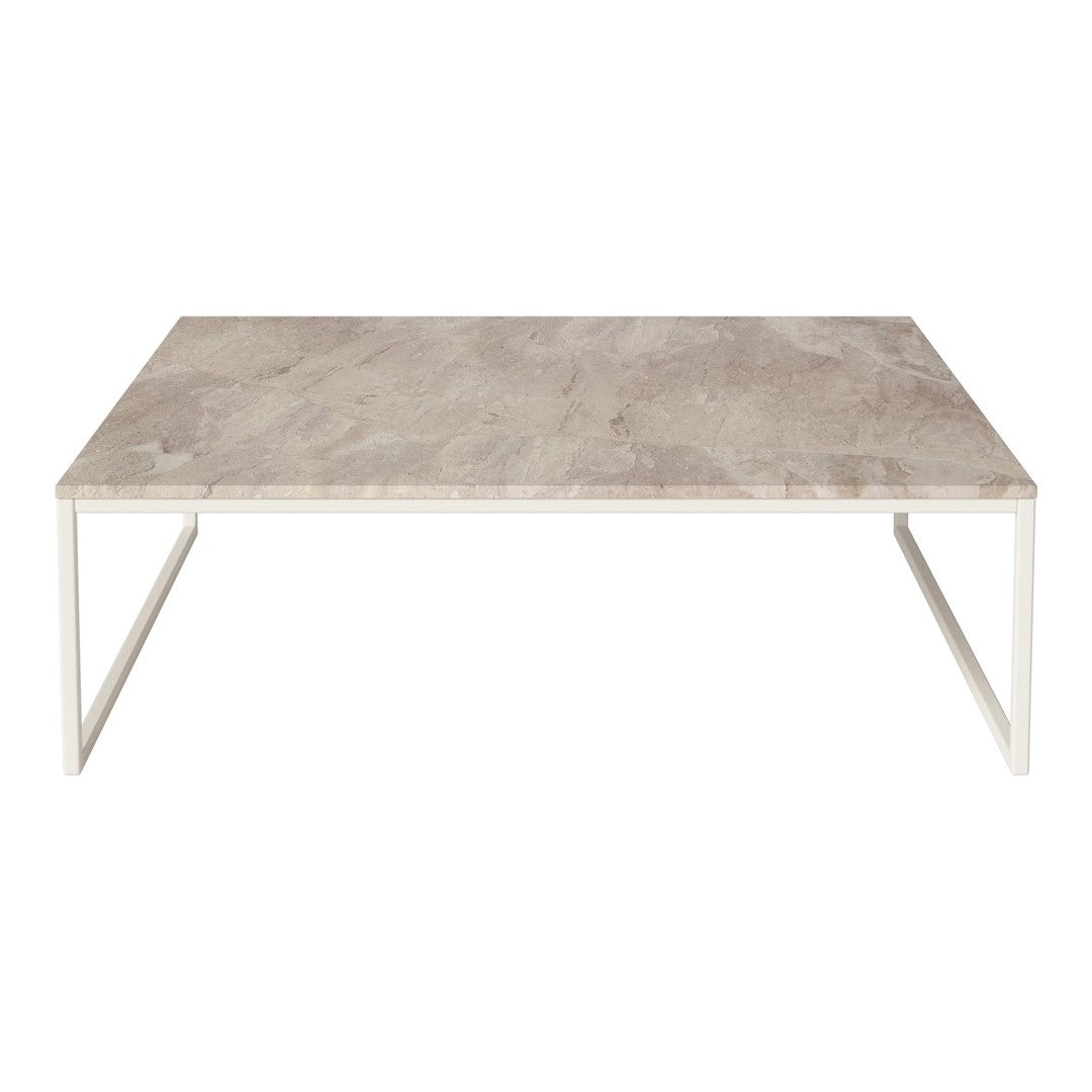 Rectangular coffee table with a light gray marble top and sleek white metal legs, featuring subtle natural patterns.