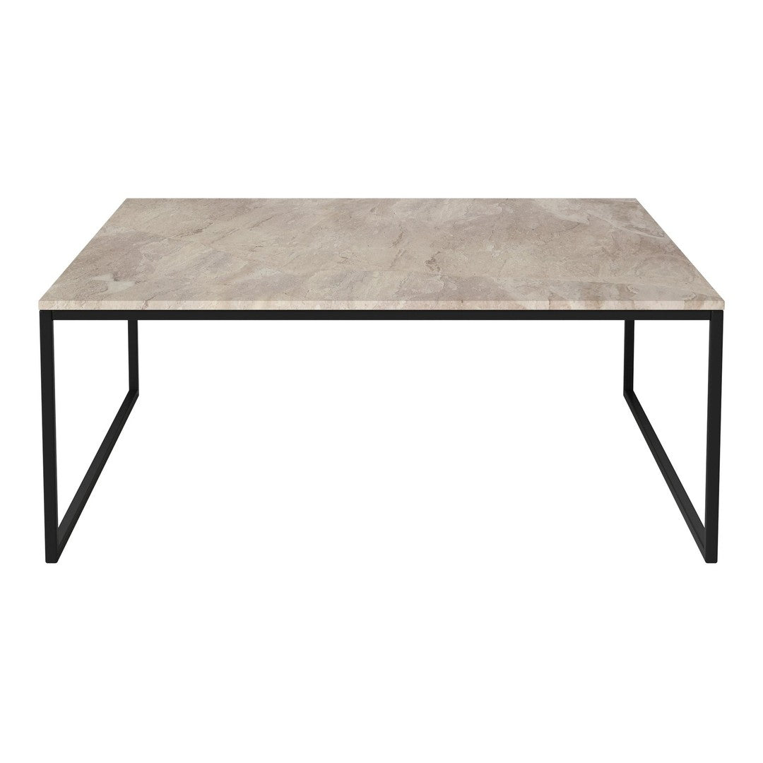 Gray marble tabletop with subtle variations, complemented by a sleek black metal frame design.