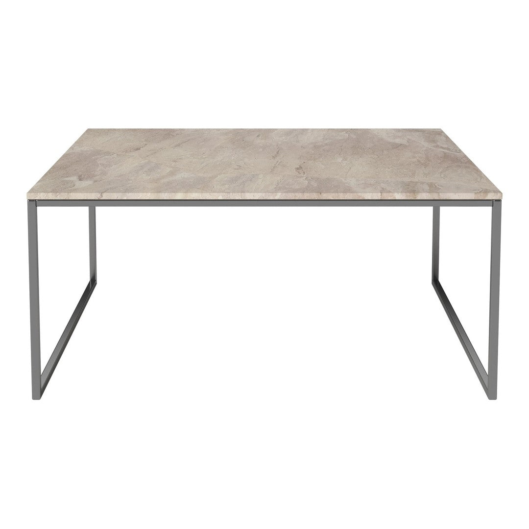 Gray marble tabletop with subtle veining, supported by a sleek metallic frame. Ideal for modern decor.