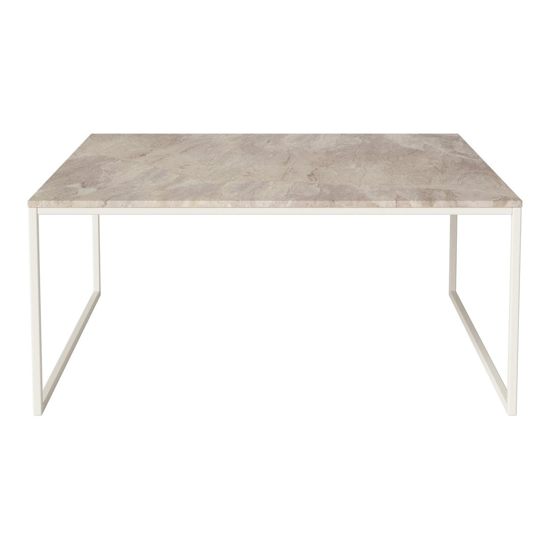 Light gray marble tabletop with subtle veining on a sleek white metal frame. Modern and minimalist design.