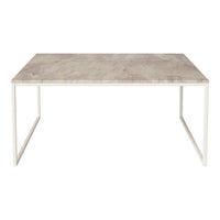 Light gray marble tabletop with subtle veining on a sleek white metal frame. Modern and minimalist design.