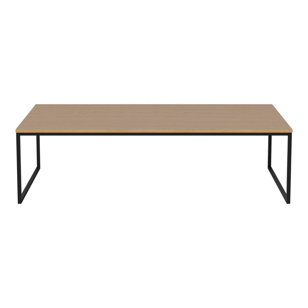 Modern rectangular coffee table with a light wood top and sleek black metal legs. Minimalist design, no patterns.
