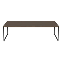 Modern black metal frame with a sleek, dark wood tabletop creating a minimalist and contemporary look.