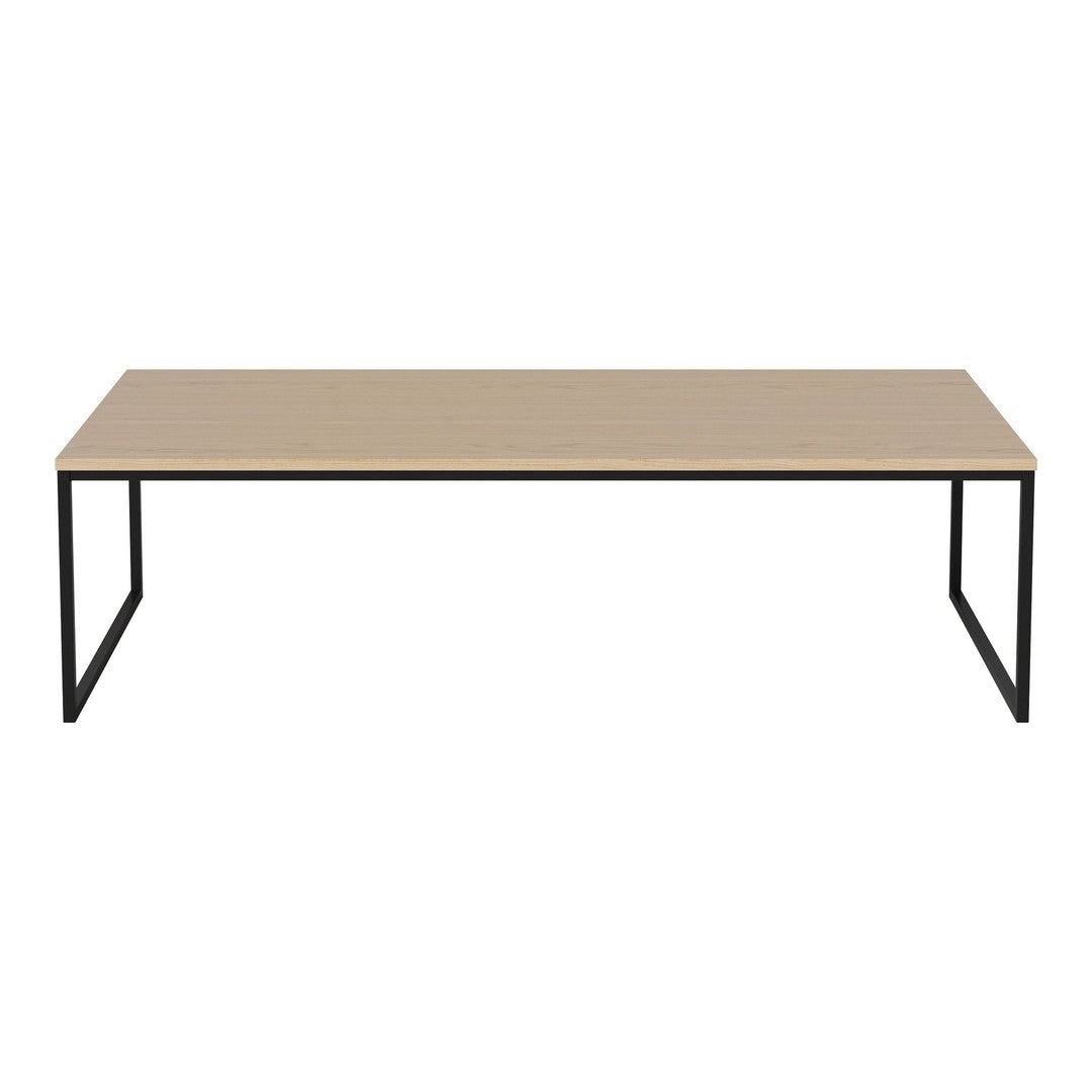 Light wood tabletop with a smooth finish and sleek black metal legs for a modern, minimalist look.