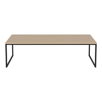Light wood tabletop with a smooth finish and sleek black metal legs for a modern, minimalist look.