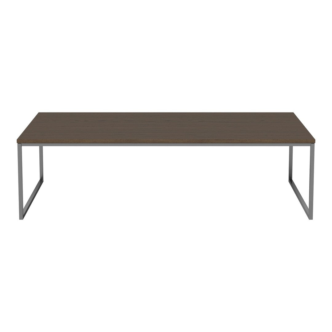 Modern rectangular coffee table with a dark wood finish and sleek silver metal legs. Perfect for contemporary decor.