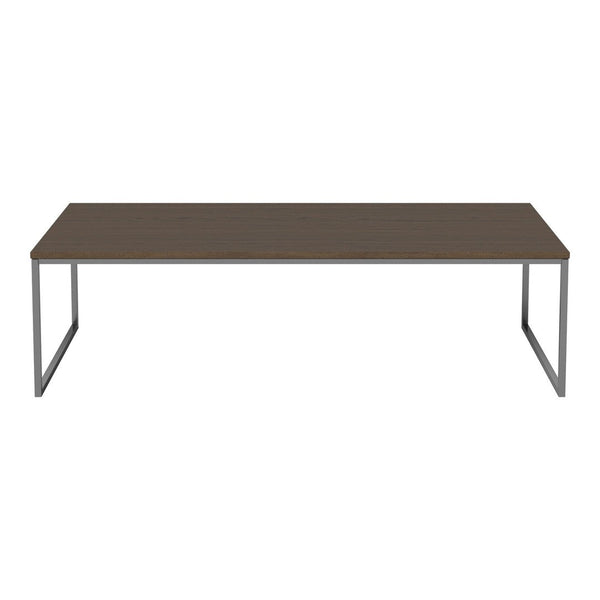 Modern rectangular coffee table with a dark wood finish and sleek silver metal legs. Perfect for contemporary decor.