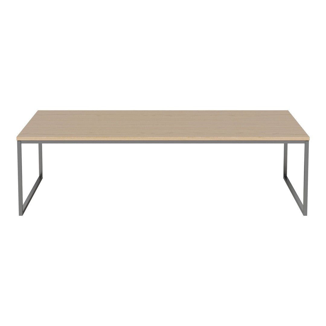 Light wood tabletop with a smooth finish, supported by sleek gray metal legs. Modern and minimalistic design.