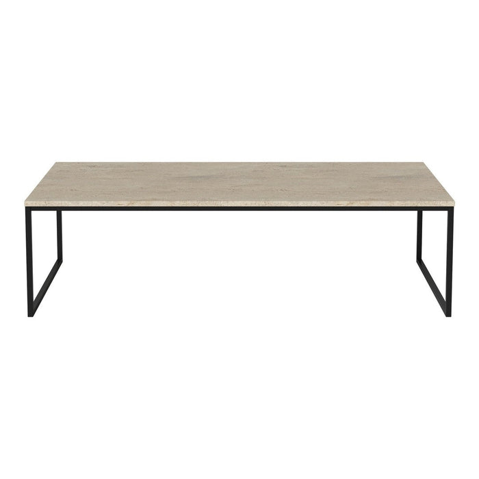 Light wood tabletop with a smooth finish, paired with a sleek black metal frame. Modern and minimalist design.