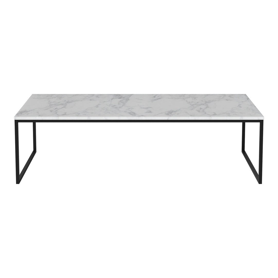Modern coffee table with a white marble top featuring subtle gray veining and a sleek black metal frame.
