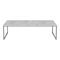 Marble coffee table with a sleek white and gray pattern, complemented by a simple metal frame.