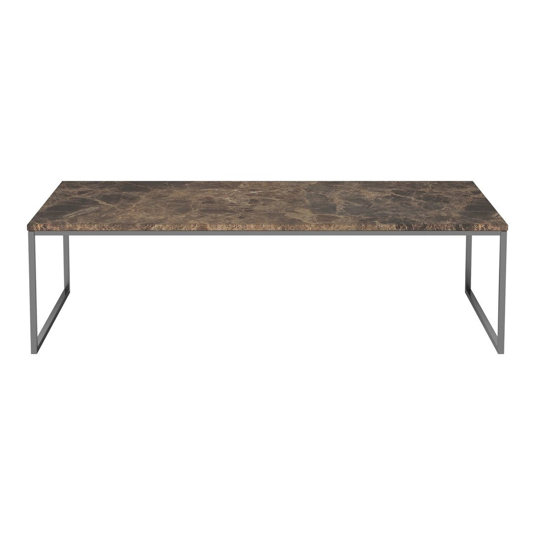 Brown marble-like tabletop with a smooth finish, complemented by a sleek metallic frame in silver.