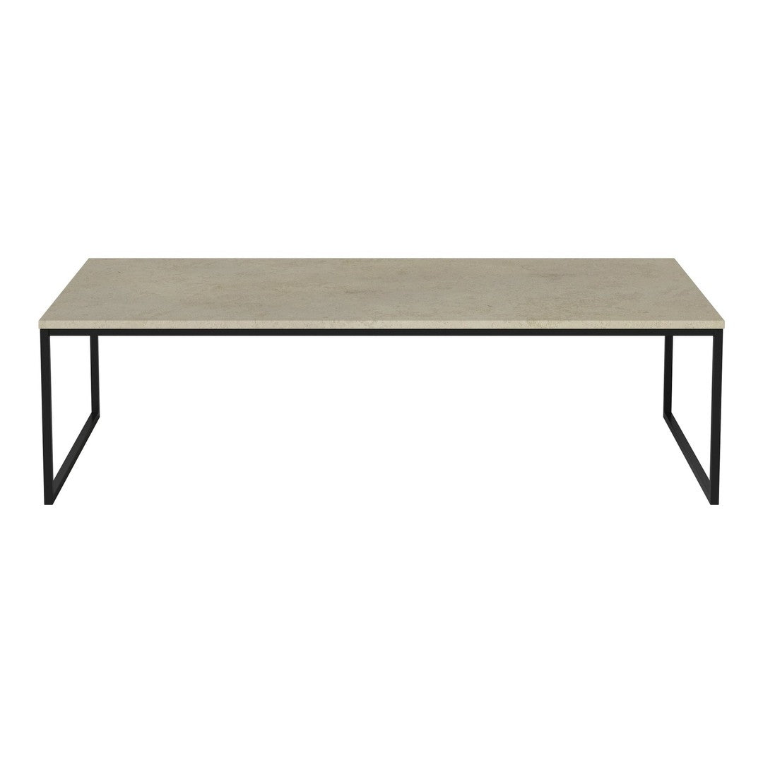 Gray rectangular coffee table with a sleek black metal frame, showcasing a minimalist design. Perfect for modern decor.