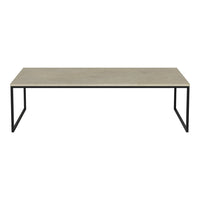 Gray rectangular coffee table with a sleek black metal frame, showcasing a minimalist design. Perfect for modern decor.