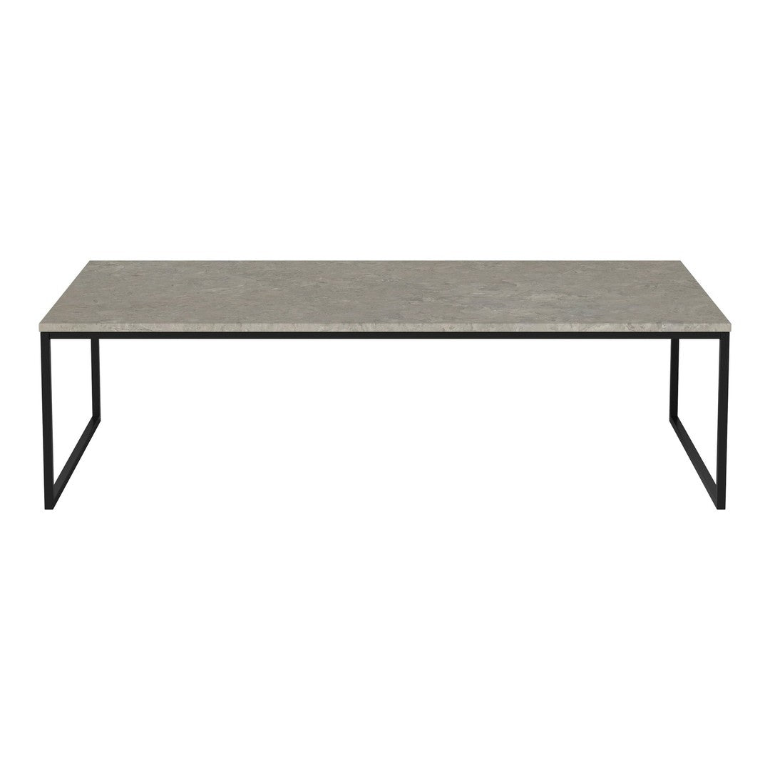 Gray concrete tabletop with a sleek black metal frame, featuring a minimalist design and clean lines.