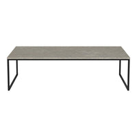 Gray concrete tabletop with a sleek black metal frame, featuring a minimalist design and clean lines.