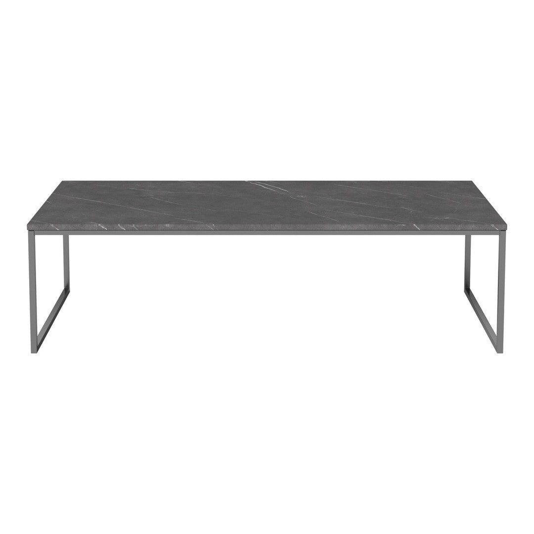 Gray marble coffee table with sleek metal frame, featuring a minimalist design and smooth surface pattern.