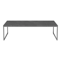 Gray marble coffee table with sleek metal frame, featuring a minimalist design and smooth surface pattern.