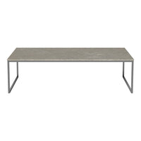 Modern gray rectangular table with a sleek natural stone pattern and minimalist metal legs. Ideal for contemporary spaces.