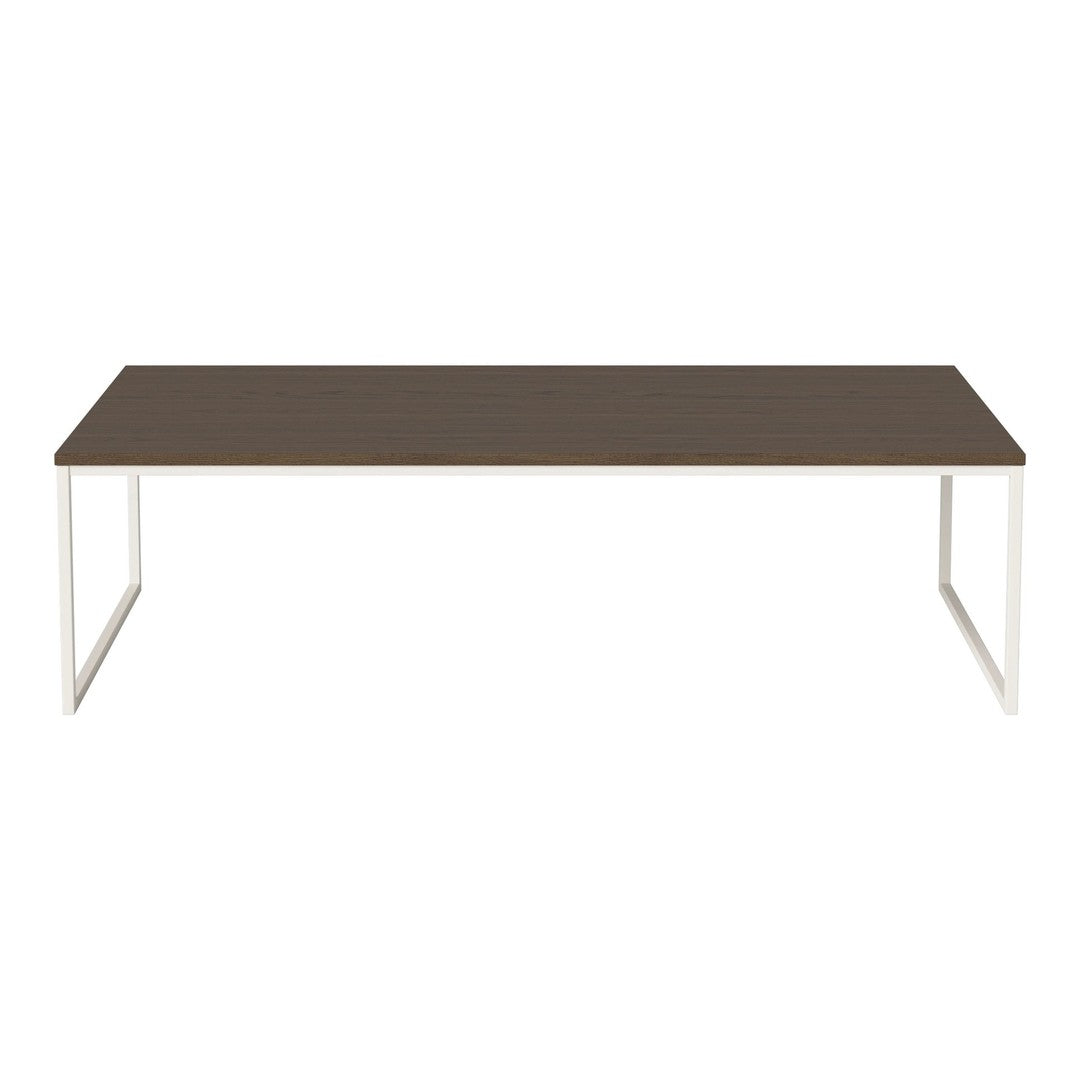 Brown rectangular table with a sleek white metal frame, featuring a smooth, modern finish.