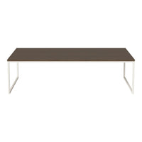 Brown rectangular table with a sleek white metal frame, featuring a smooth, modern finish.