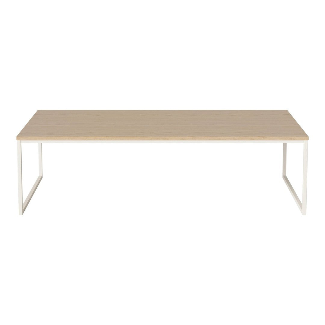 Modern rectangular coffee table with a light wood top and sleek white metal legs, featuring a minimalist design.