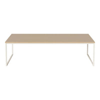 Modern rectangular coffee table with a light wood top and sleek white metal legs, featuring a minimalist design.