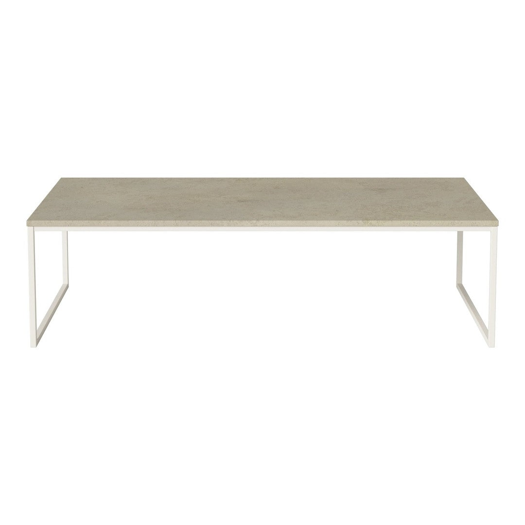 Light gray rectangular tabletop with a minimalist white metal frame, offering a modern, sleek design.