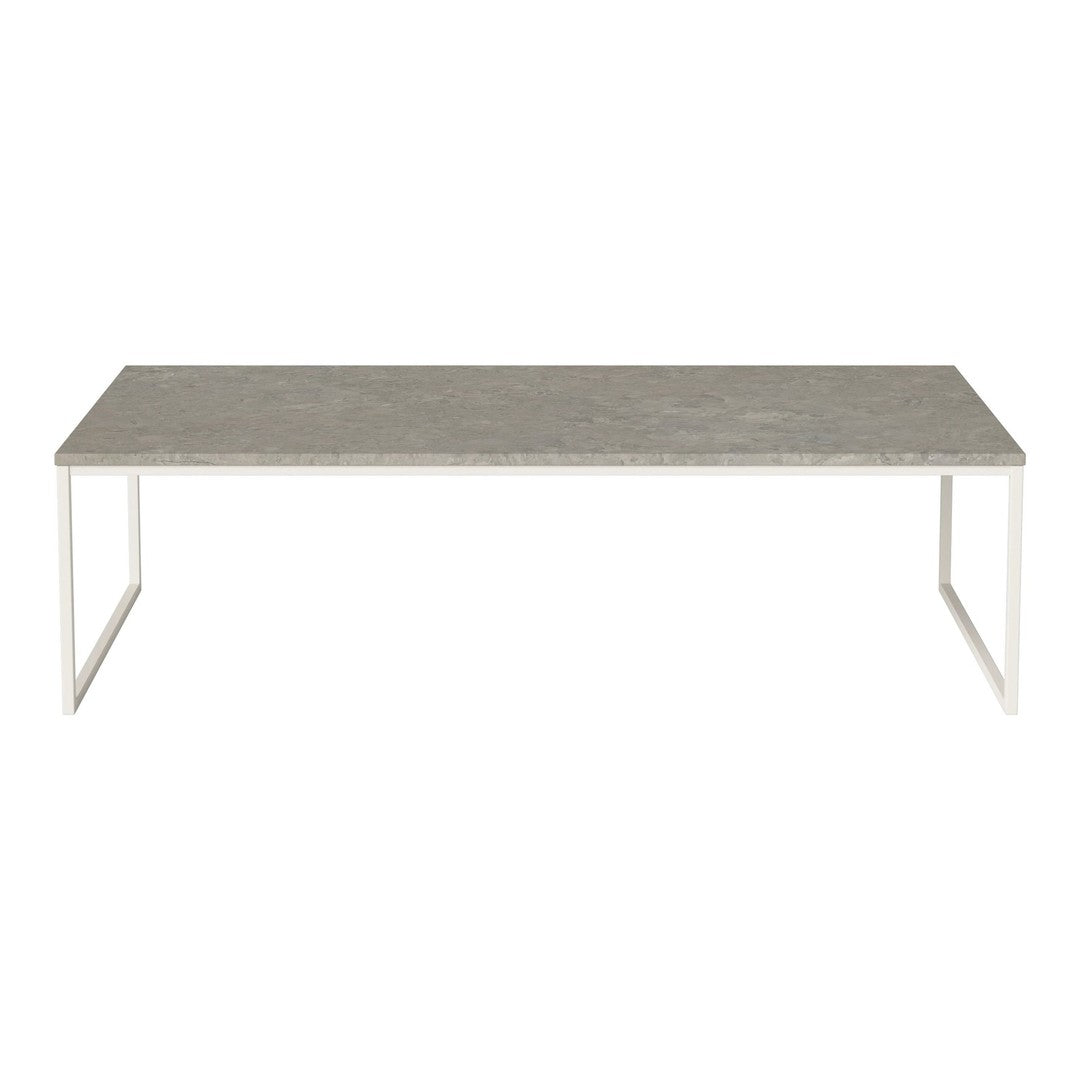 Gray stone tabletop with a smooth finish, complemented by white metal legs in a minimalist design.